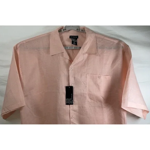 NWT Men's DELF Collection Big Tall 100% Linen Short Sleeve Camp Shirt Peach 5XL - Picture 2 of 5